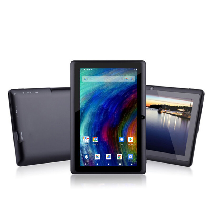 Android 10 Q8 7 "Tablet DDR3 2GB Ram 16GB ROM Allwinner A33 czterordzeniowy 1024*600 pikseli podwójny aparat ładowarka DC