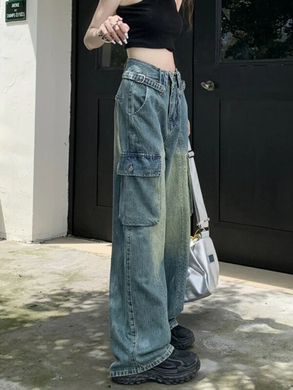 Джинсы женские с завышенной талией и карманами, винтажные свободные Модные Простые однотонные джинсы в Корейском стиле для отдыха, с эффектом потертости, для офиса, весна-лето