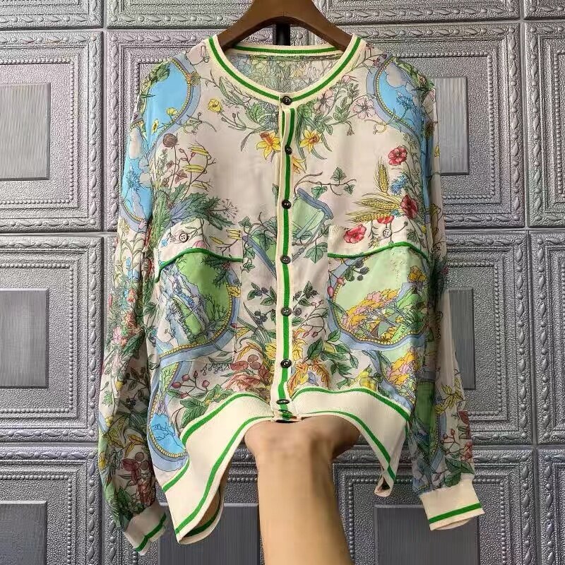 Spring Autumn Floral Printed Women Blouse Casual Loose Long Sleeved Single Breasted Pocket Cardigan Tops Fashion Clothes Female