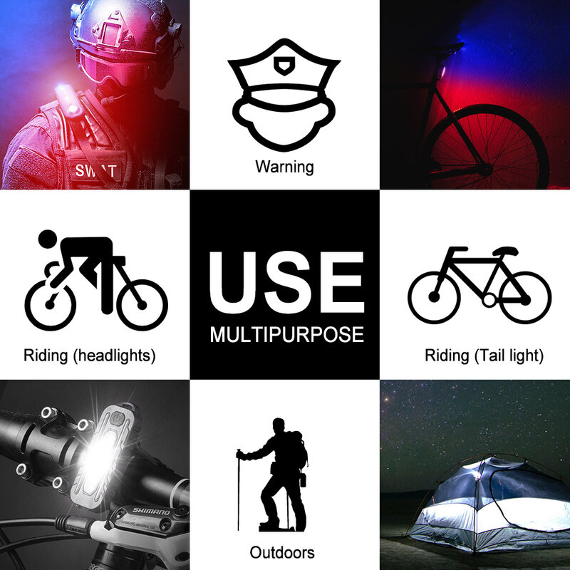 [PLAZA สเปน] LED สีแดงสีฟ้าไหล่ยุทธวิธีตำรวจไฟฉายพร้อมคลิป USB ไฟฉายแบบชาร์จไฟได้จักรยานไฟท้ายหมวกนิรภัยเตือนแสง