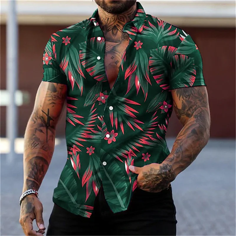 남성용 하와이안 식물 3D 프린트 셔츠, 캐주얼 옷깃 셔츠, 여름 해변 여행 블라우스 하이 퀄리티