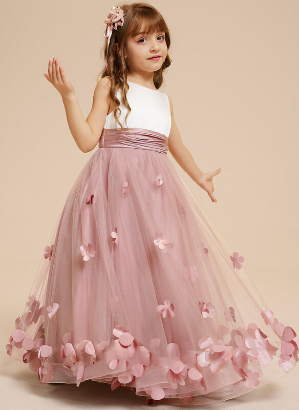 Ball-Gown/Princess Scoop Floor-Length Satin/Tulle Flower Girl Dress/Wedding Party Dresses/Flower Girl Dresses/ Custom Made