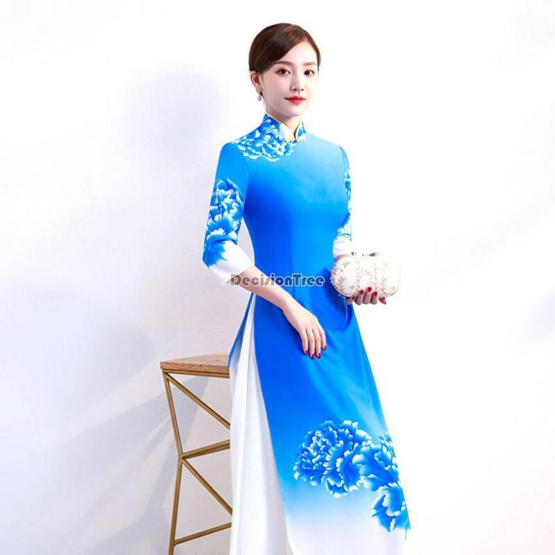 Gaun Cheongsam Aodai Vietnam 2023 + Set Celana Qipao Motif Bunga Elegan Tradisional Gaun Pesta Gaun Elegan Vestido A101