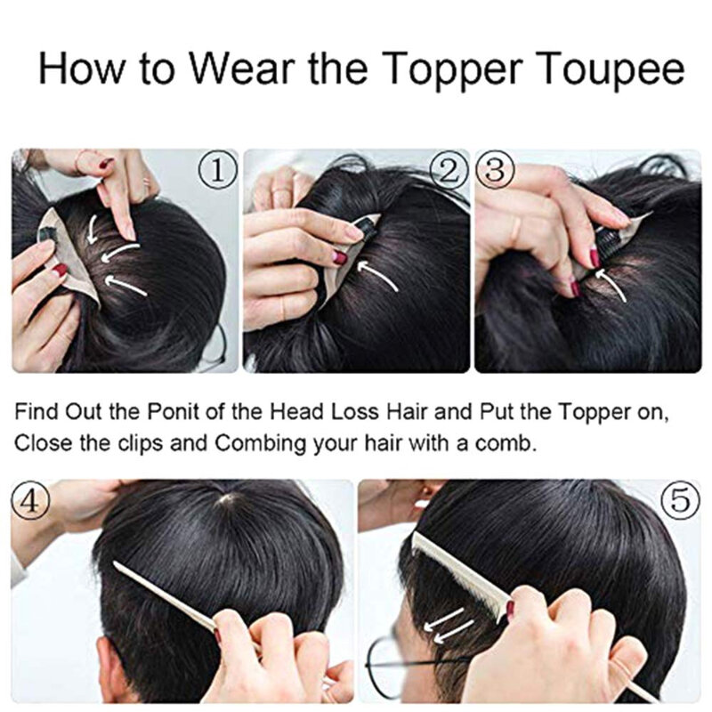 Fashion Short Straight Topper Piece for Men Hair Replacement Loss Thinning with Clips Glueless Preplucked Human Wigs Ready To Go