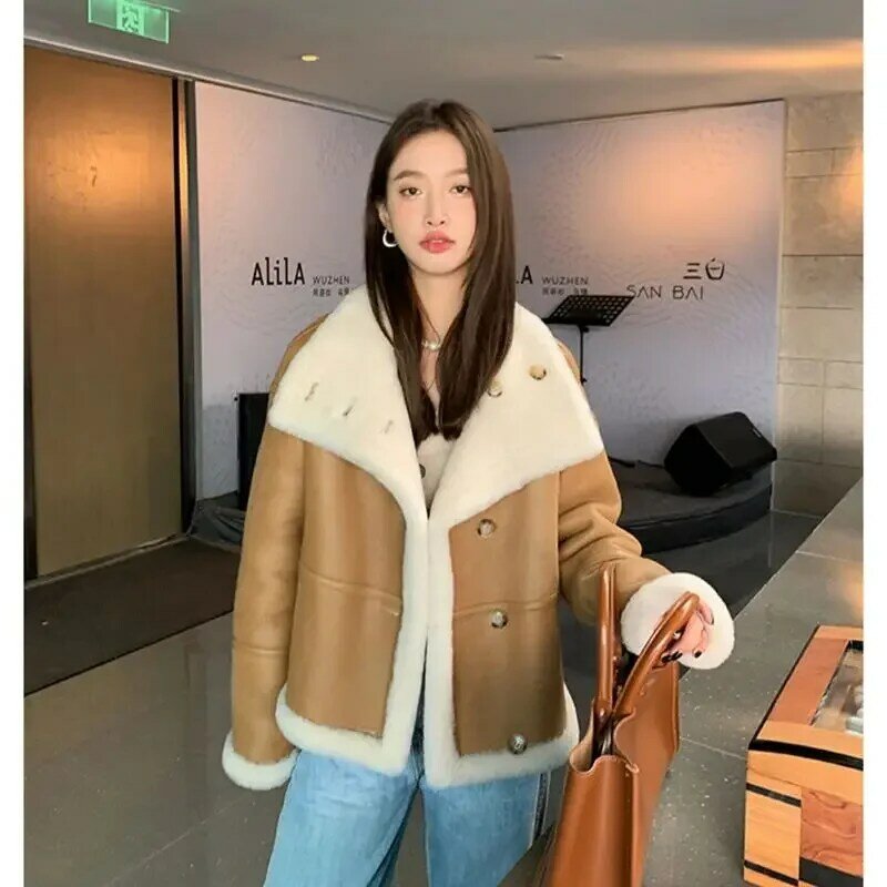 Jaket wol mode wanita 2024 mantel bulu domba asli mode wanita jaket musim dingin LSBH69