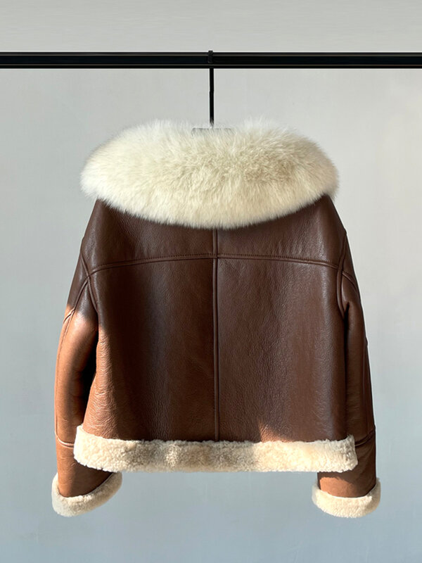 AYUNSUE-abrigo de piel de lana auténtica para mujer, chaqueta cálida de piel de zorro con cuello de piel auténtica, abrigos de piel Natural para motorista