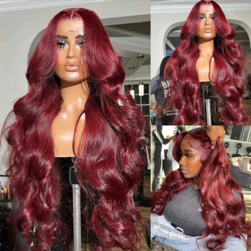 Burgundy 99J 13x4 Body Wave Lace Front Synthetic Wig For Women PrePlucked Heat Resistant with Baby Hair Straight Glueless Wig