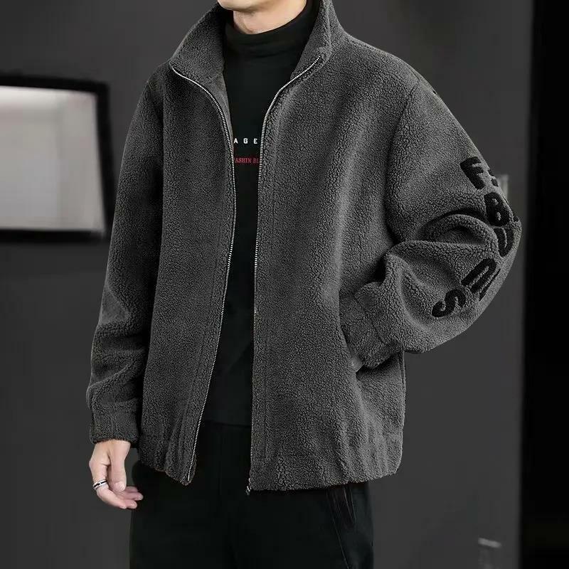 Trend Keep Warm Zipper Lamb Wool Y2k Pullover Korean Winter Men Sweatshirt Embroidery Letters Fashion Khaki Harajuku Male Coat