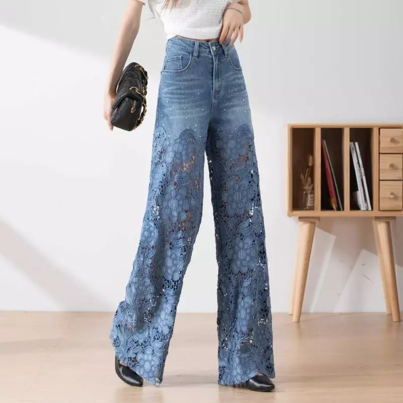 Модные элегантные джинсы для женщин с высокой талией, кружевные лоскутные Панталоны с дырочками, большие размеры, весенние повседневные свободные универсальные брюки