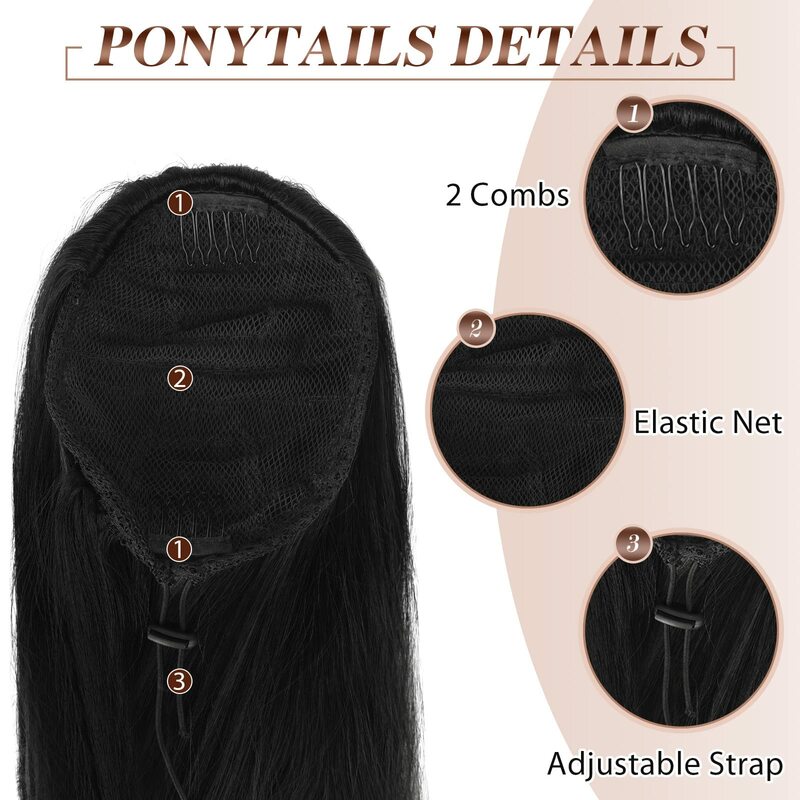 Straight Ponytail Clip ins Human Hair Extension #1B Color Drawstring Ponytail Clip in Straight Human Hair 24 26inches For Girls
