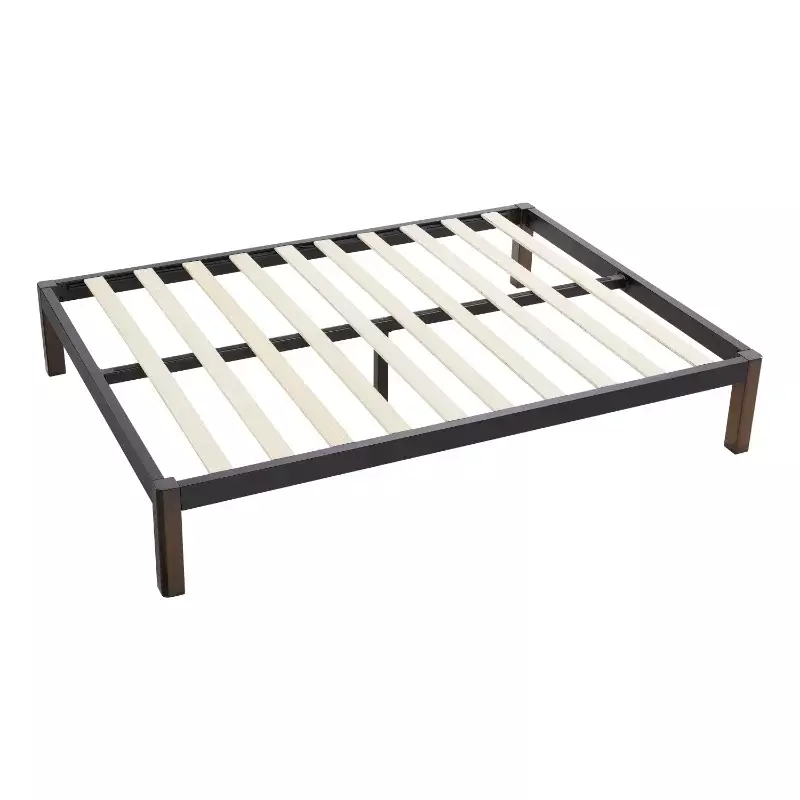 Black Metal Plataforma Bed Frame com madeira pernas, Queen Bedframe, mobília do quarto