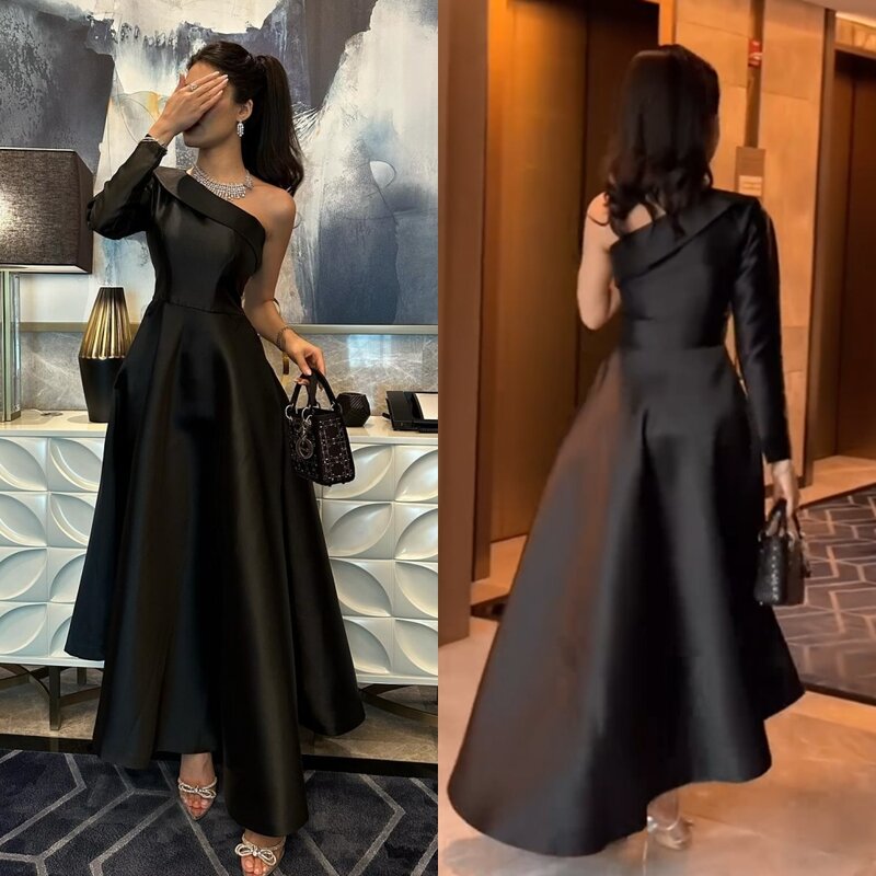Satin Pleat Engagement A-line One-shoulder Bespoke Occasion Gown Long Dresses