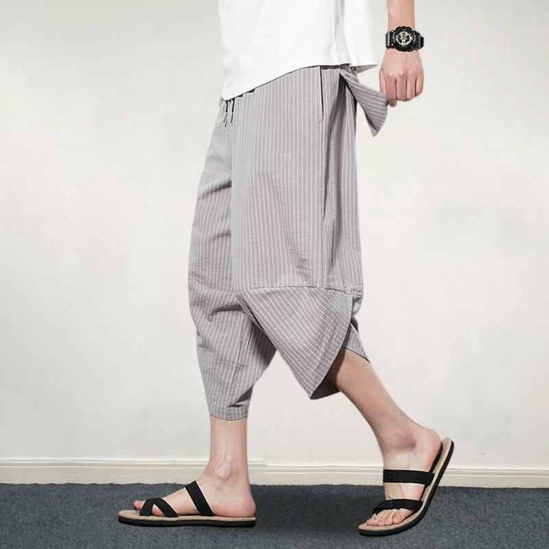 Calça de harém listrada masculina, calça recortada com elástico na cintura, streetwear vertical, verão
