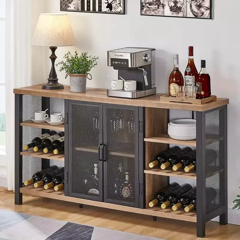 Industrial Wine Bar Cabinet for Liquor and Glasses, with Wine Rack, Metal Sideboard and Buffet Cabinet (55 Inch, Rustic Oak)