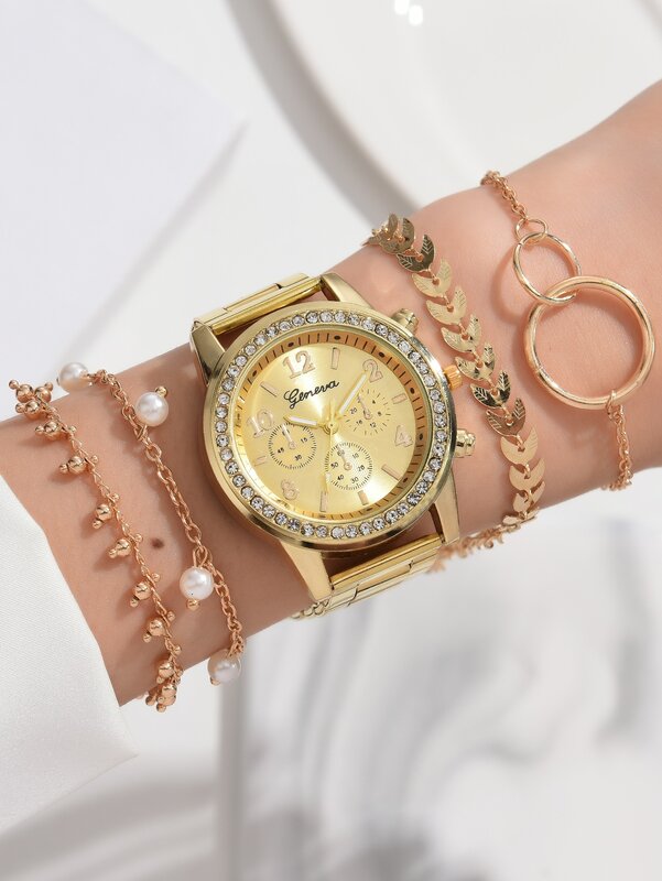 Jam tangan kuarsa bulat emas wanita, 5 buah jam tangan hadiah berlian imitasi tali logam paduan 3 mata untuk wanita