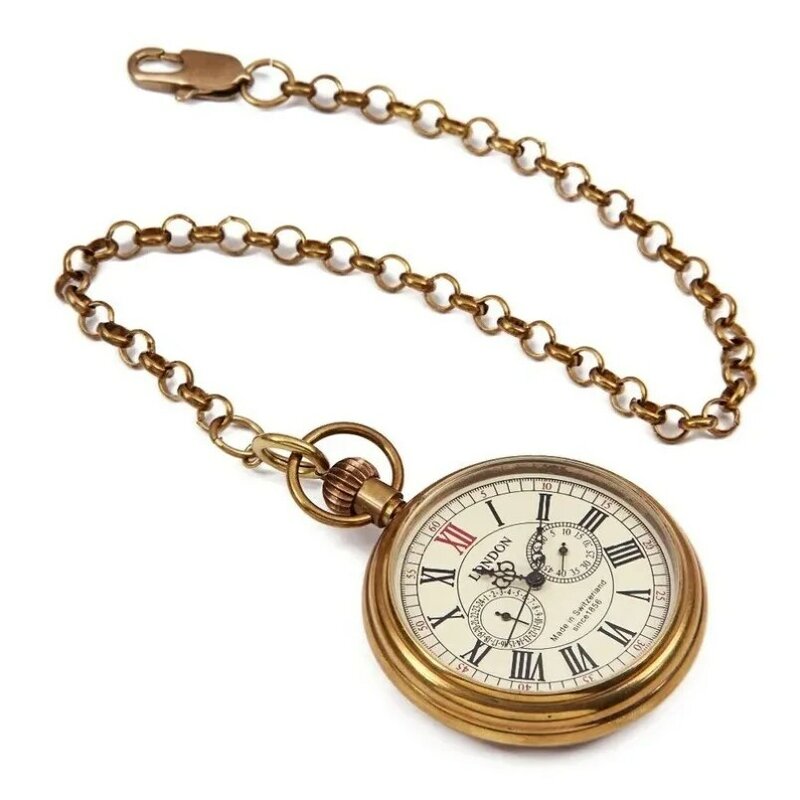 Męski damski zegarek kieszonkowy z brązu w stylu Vintage Retro miedź antyczny rzymski zegarek automatyczny ręcznie nakręcany mechaniczny z metalowym łańcuchem