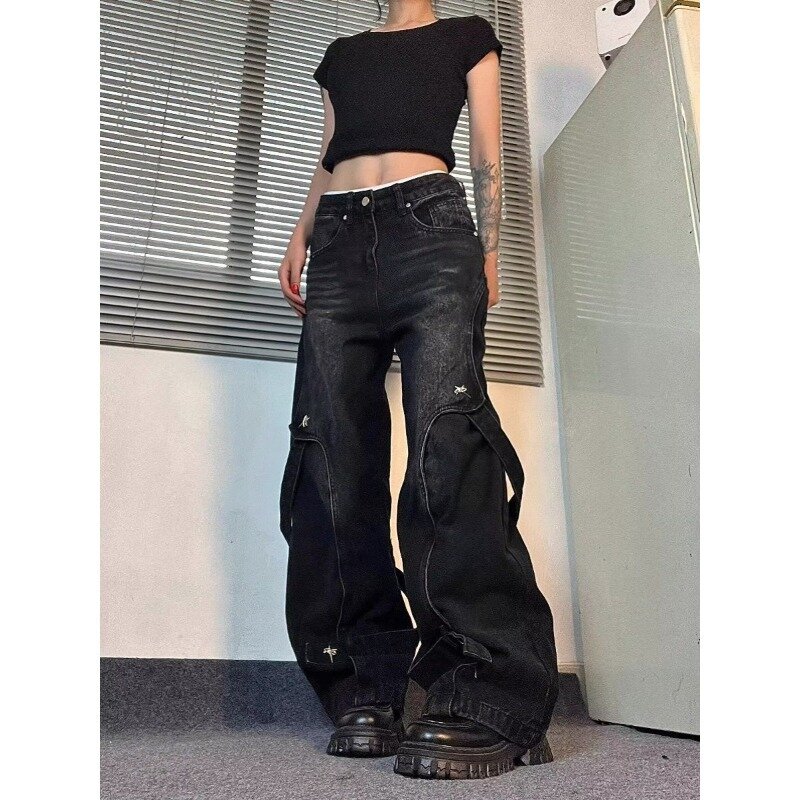 Винтажные широкие черные джинсы Deeptown, мешковатые, Y2k, большие, гранж, джинсовые брюки, свободные, в стиле Харадзюку, Готическая уличная одежда, брюки в американском стиле