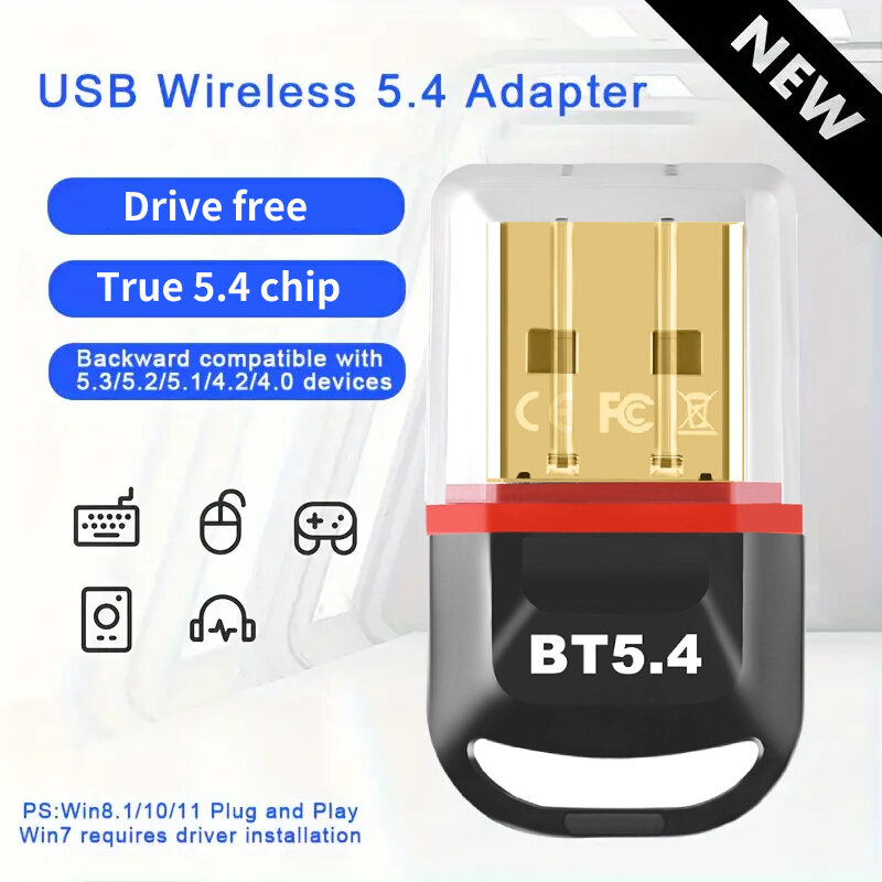 Adaptor USB Bluetooth 5.4, penerima Dongle Audio Bluetooth 5.3 adaptor untuk Win8.1/10/11 Driver gratis