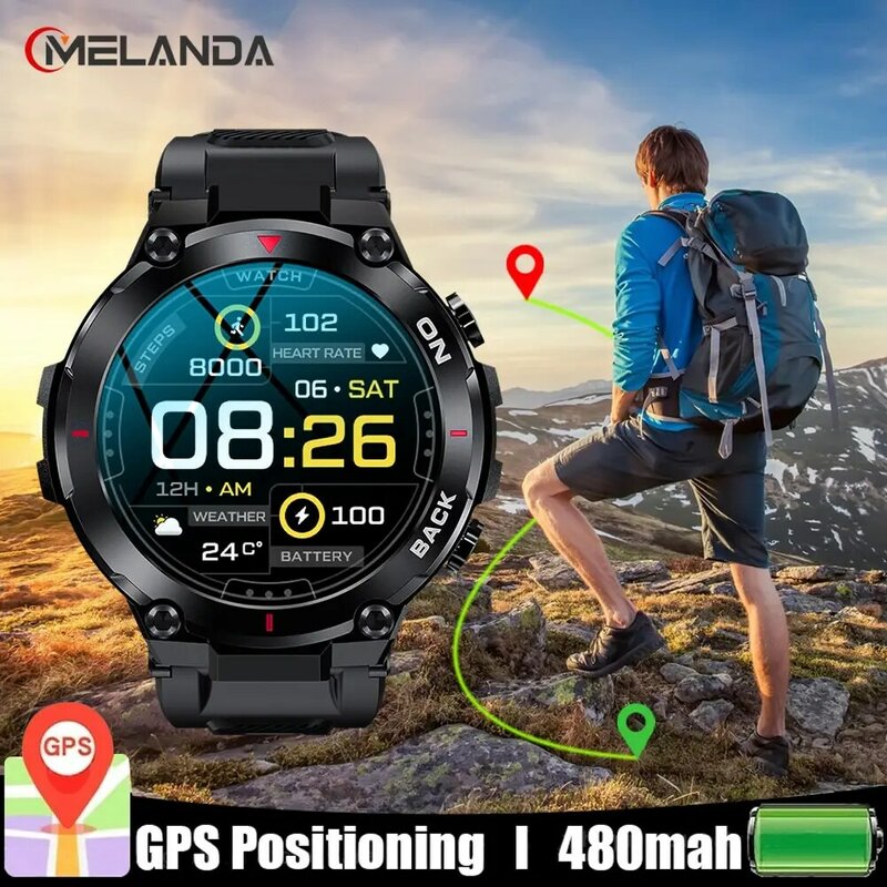 Melanda Outdoor Militaire Gps Smart Watch Mannen 360*360 Hd-Scherm Hartslag Ip68 Waterdichte Sport Smartwatch Voor Android Ios K37