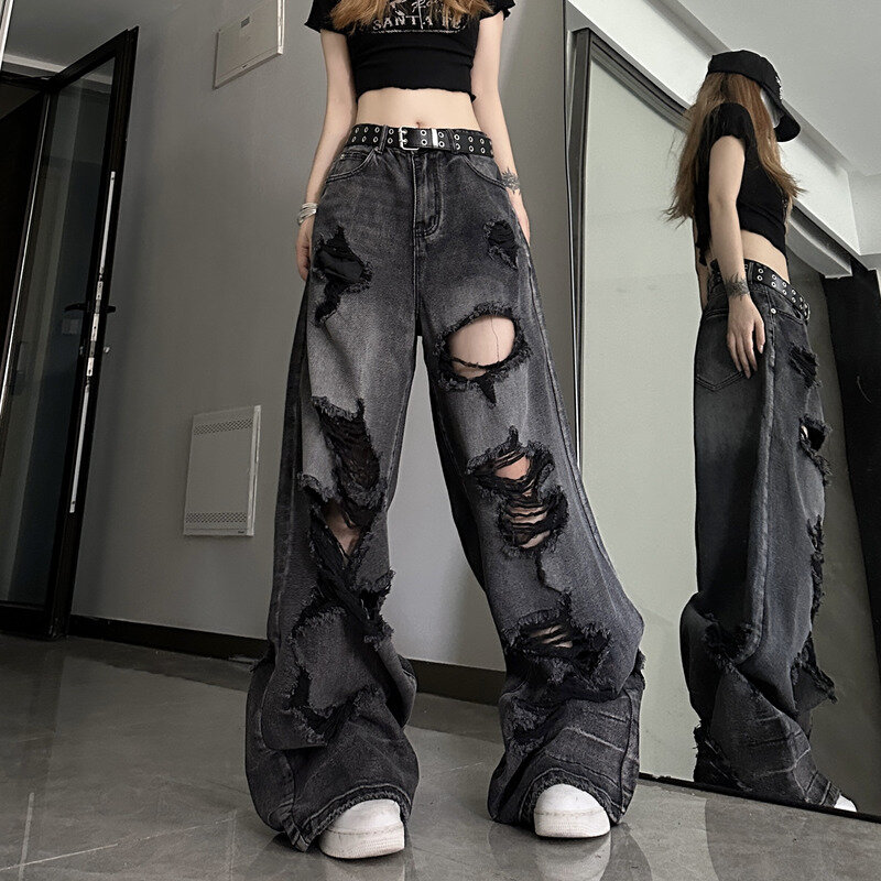 Новые состаренные джинсы с высокой талией 2024, крутые свободные облегающие прямые универсальные широкие брюки в форме груши для девушек