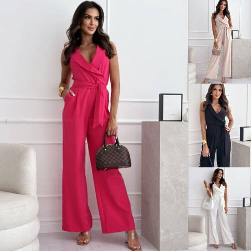 2024 Spring Summer Solid Color Simple Temperament Belt New High Waist Commuter Waist Trimming Lace up Jumpsuit for Women