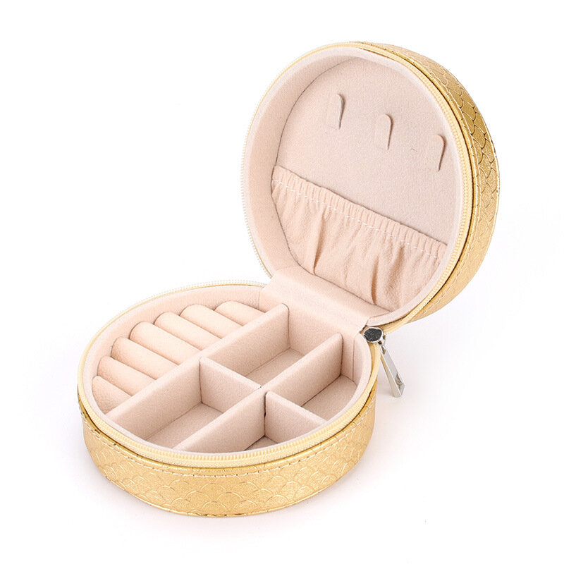 Round Portable Jewelry Storage Box, Multifuncional Brincos Anel e Pingente, Impermeável e Dustproof, Organização de couro