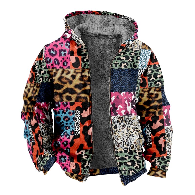 Autumn Winter Fleece Zip Up Hoodies Original Leopard Patchwork Digital Print Men Parka Coat Jackets Outerwear Sweatshirts Street