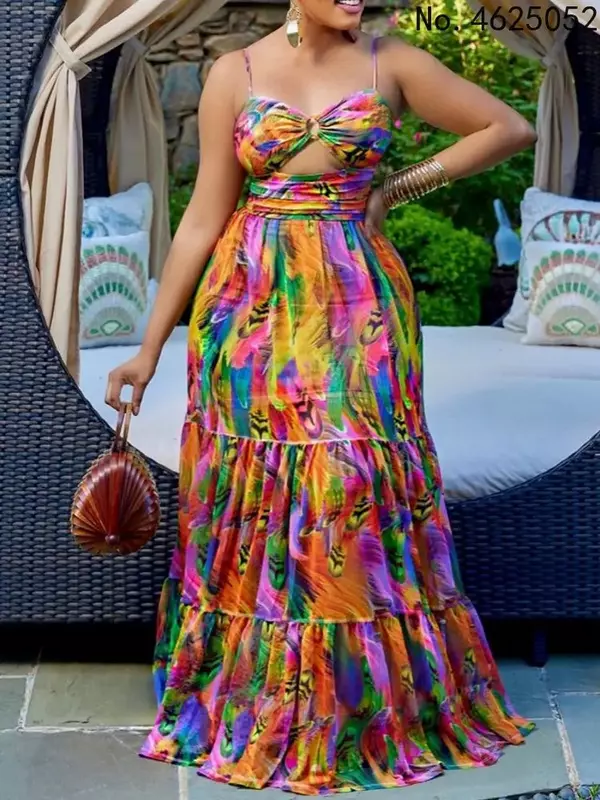เดรสแอฟริกันสำหรับผู้หญิงชุดเดรสยาวแบบนางฟ้าสายสปาเก็ตตี้สไตล์แอฟริกันแบบดั้งเดิมสำหรับฤดูร้อน