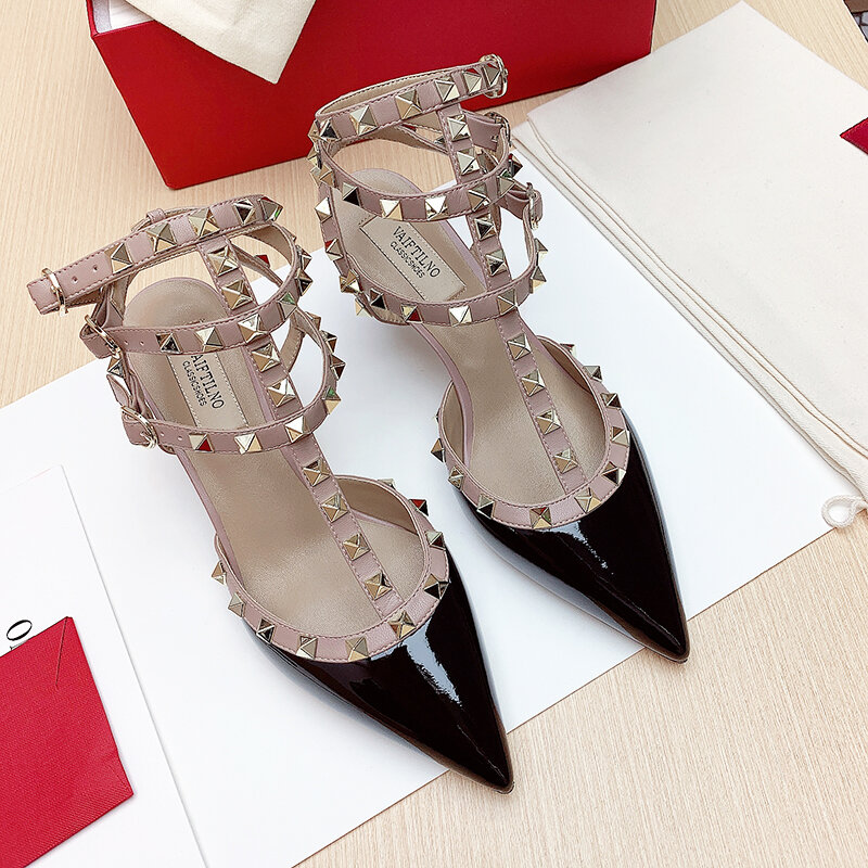 Vera pelle caviglia rivetto di lusso scarpe col tacco alto 2022 estate nuove pompe da donna a punta versatili sandali da donna Sexy Prom 8cm