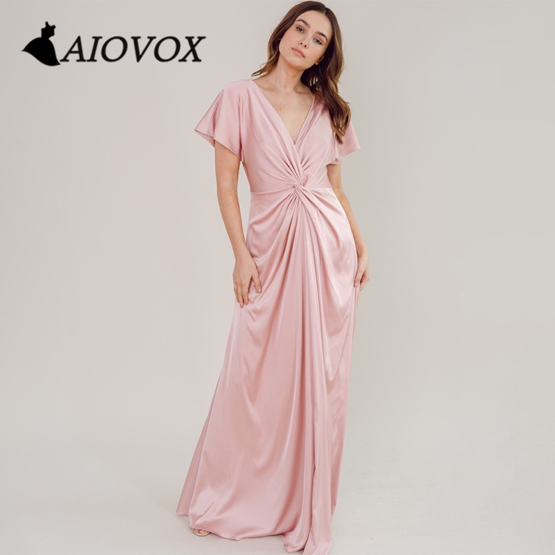 AIOVOX V-neck Pleated Formal Prom Dress Satin Short Sleeve Evening Gown A-line Floor-length Cut Out Vestido De Noche for Women