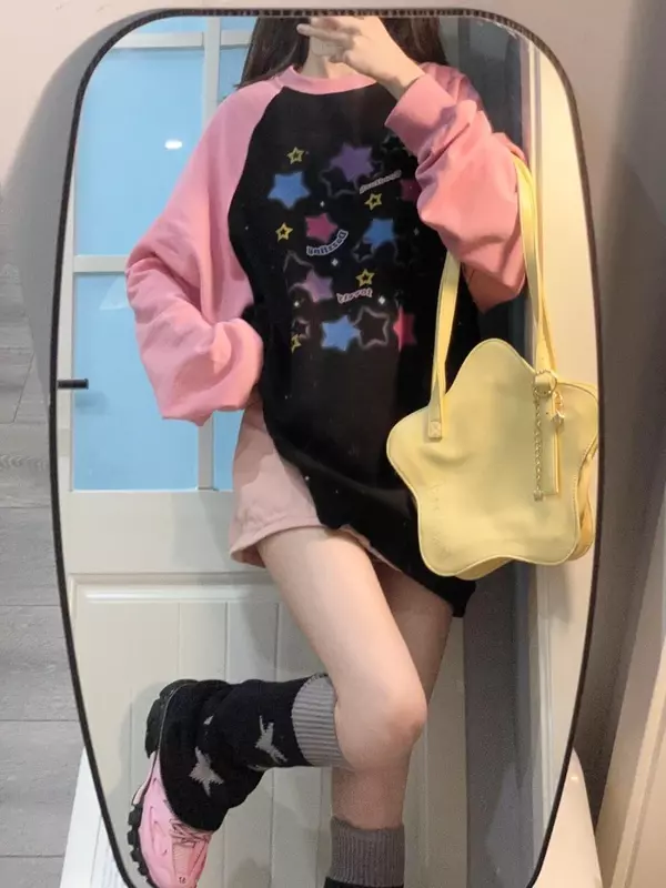 Deeptown Y2K Aesthetic Star Print Hoodies Women Harajuku Kpop Casual Oversized Sweatshirts Streetwear Loose Pullover Tops E-girl