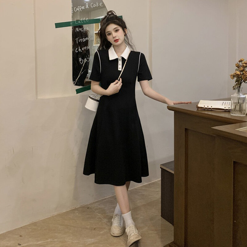 Damen Slim Fit elegante lange Rock Revers Kontrast farbe Kurzarm Kleid