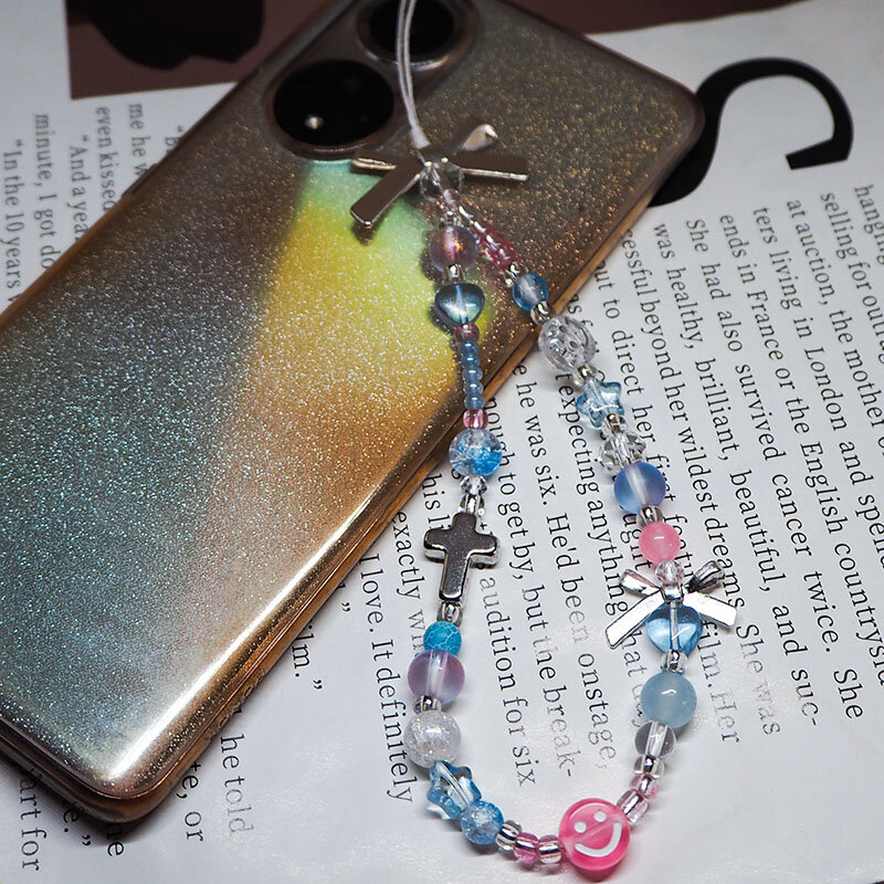 Женский приблизительный шнурок с цепочкой, акриловый Серебряный бант, сердце, крест, стеклянный браслет с трещинами, Y2K, брелок для девочек, розовые, голубые ювелирные изделия