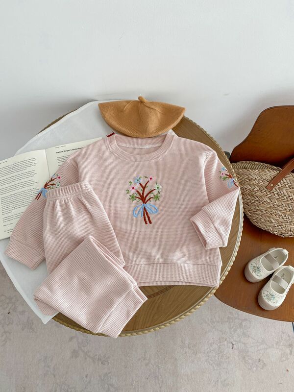 2024 Spring New Baby Long Sleeve Clothes Set Boy Girl Embroidery Sweatshirt + Pants 2pcs Suit Toddler Waffle Casual Outfits