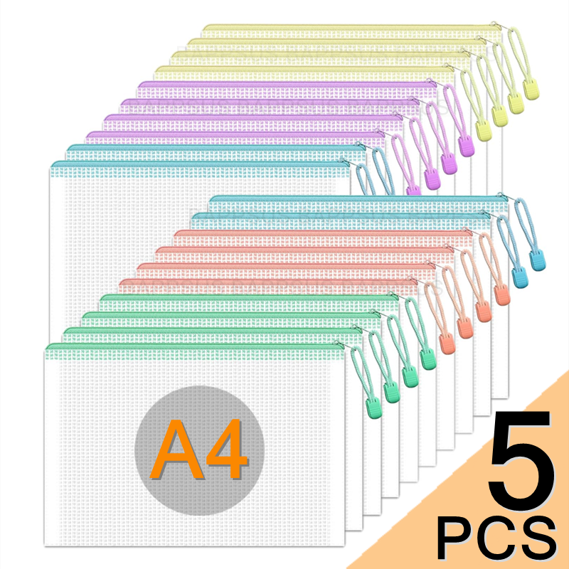 Impermeável PVC Document Pouch, A4 Mesh Zipper Pouch, File Organizer, grande capacidade, pasta de arquivo para escritório, Student Storage Bag
