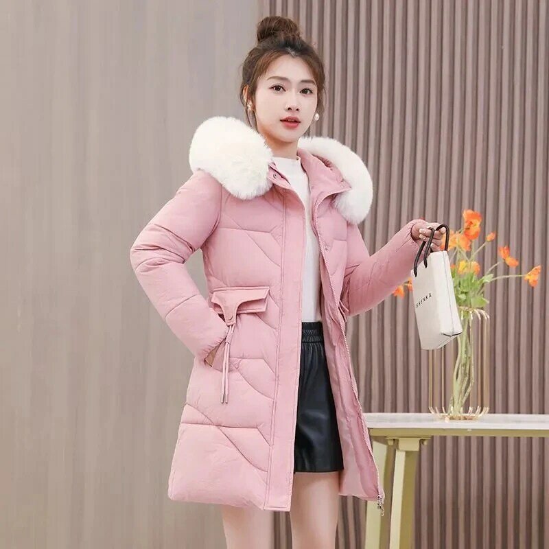 Winter New Down Cotton-Padded Jacket Ladies' Warm Collar Pocket Coat Long Versatile Loose Slim Fashion  Casual Zipper Overcoat