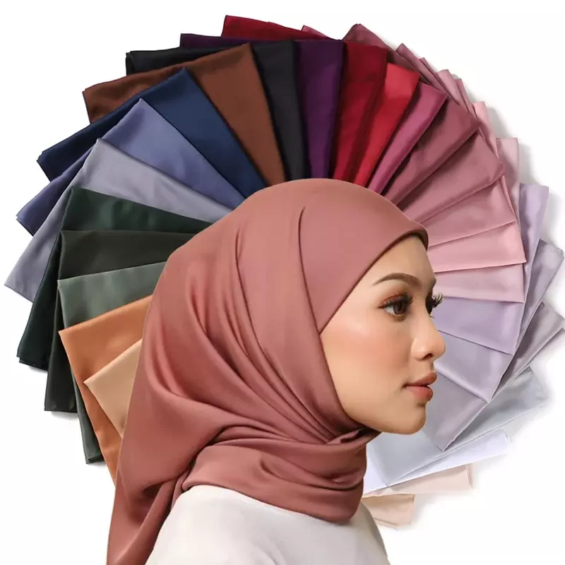Pañuelo cuadrado de seda satinada para mujer, velo de Medine de lujo, Hijab musulmán, chal de seda satinada, 110x110 CM