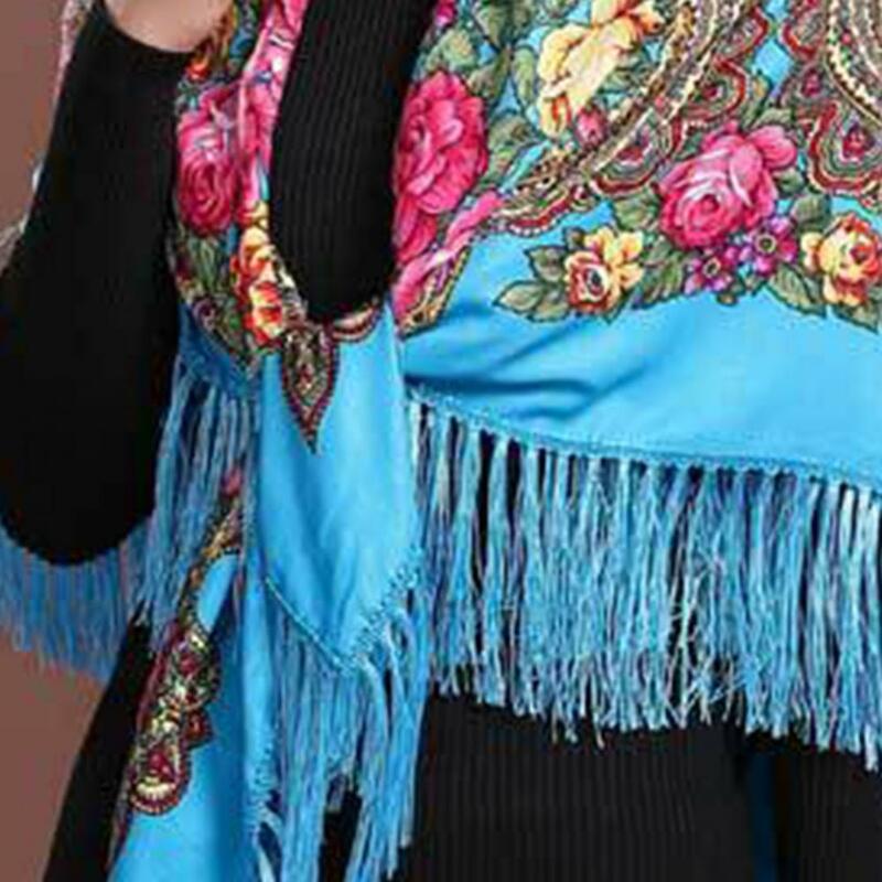 Ethnic Style Retro Shawl Scarf with Tassel Flower Print Autumn Winter Warm Square Fringed Head Wrap for Wedding Party Lady Wraps