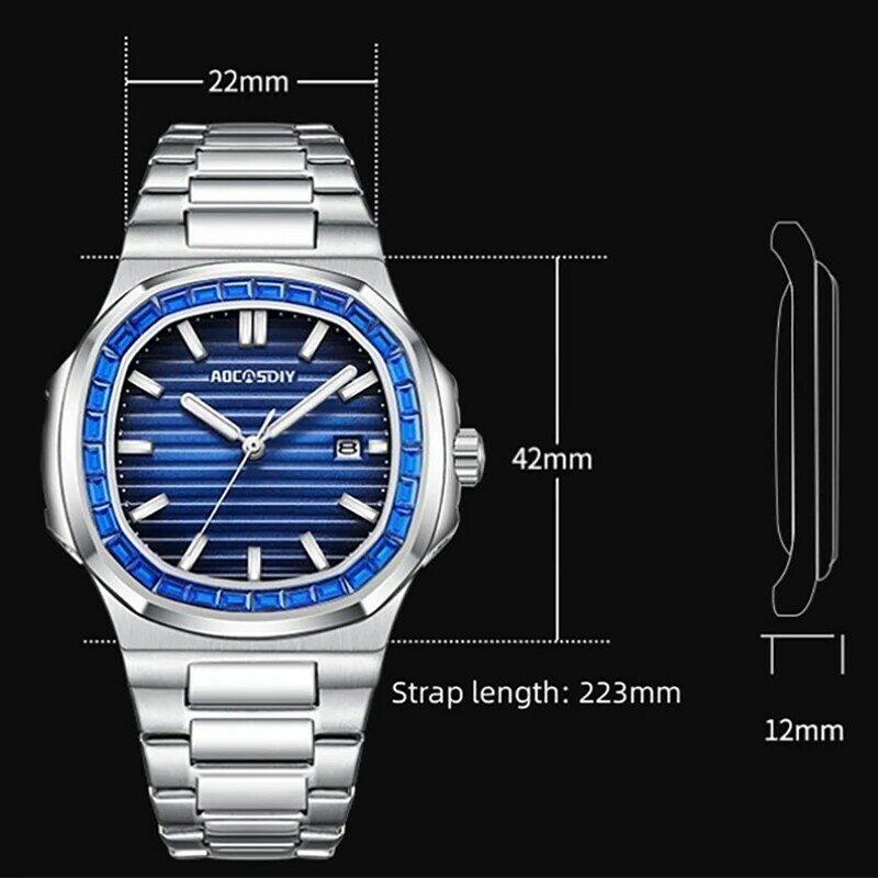 Relógio de quartzo quadrado em aço inoxidável para homens, relógio impermeável, relógio masculino, data luminosa, luxo