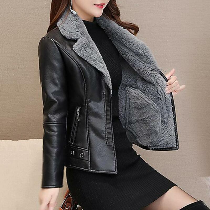 Party Wear Jacket Stylish Faux Leather Women's Jacket with Plush Lining Zipper Pockets Slim Fit Design for Fall Winter Fashion
