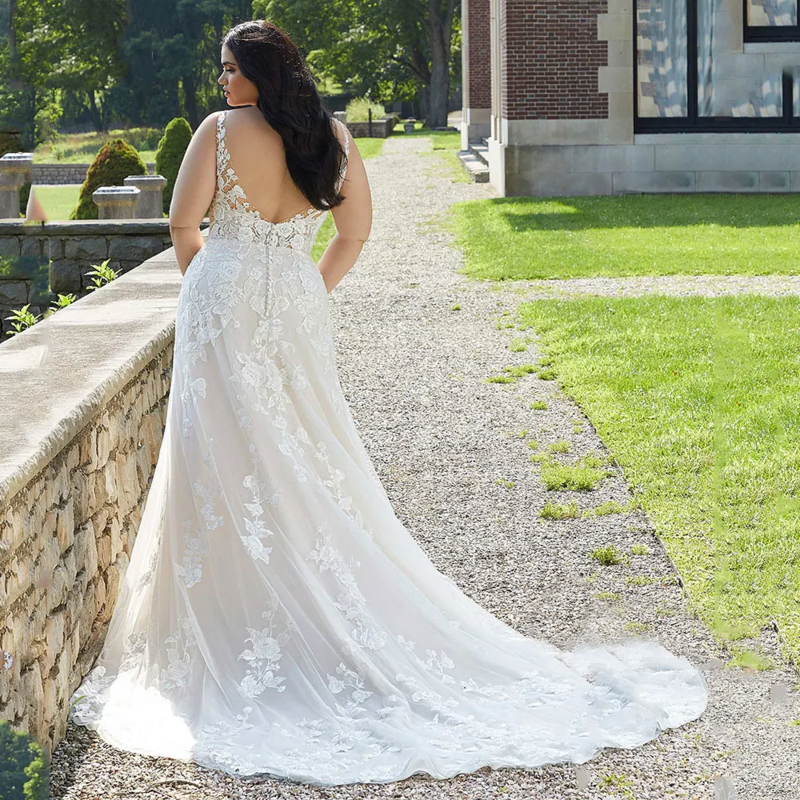 I OD gaun pernikahan ukuran Plus A-Line gaun pengantin tanpa lengan kerah V applique tanpa lengan panjang lantai gaun pengantin kancing Vestidos De Novia baru