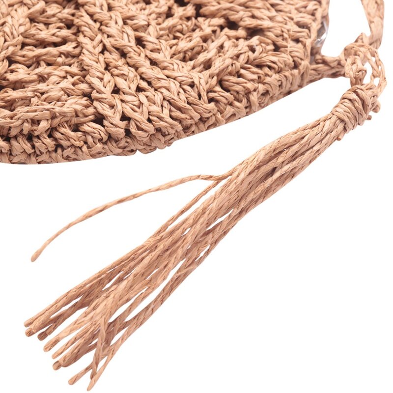 4X Rattan Crochet Straw Woven Basket Bali Handbag Round Circle Crossbody Shopper Beach Tote Bag (marrone chiaro)