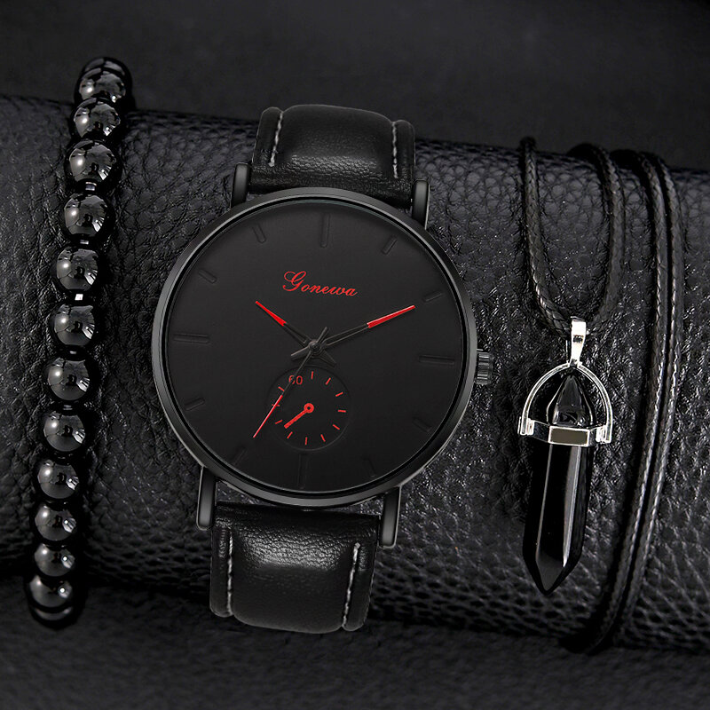 Conjunto de colar e pulseira preta masculina, relógios simples masculinos, relógio de pulso de quartzo, pulseira de couro, moda empresarial, 3 peças