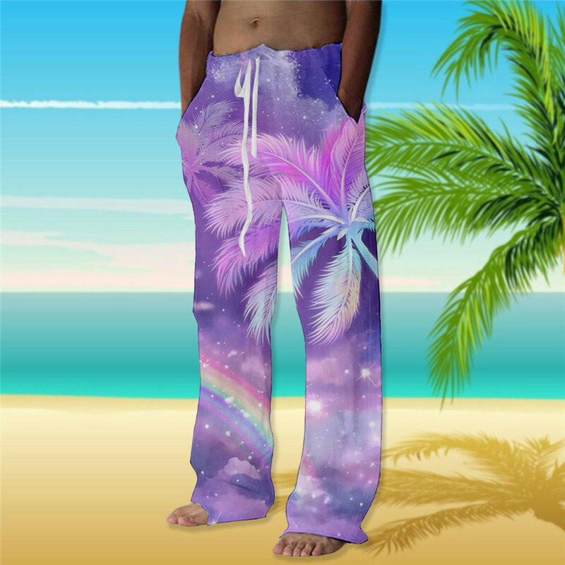 กางเกงชายหาดทรงหลวมพิมพ์3D ลายต้นมะพร้าวสำหรับผู้ชาย, กางเกงขาม้าลำลองสำหรับวันหยุดกางเกงขาม้าฤดูร้อนแฟชั่น