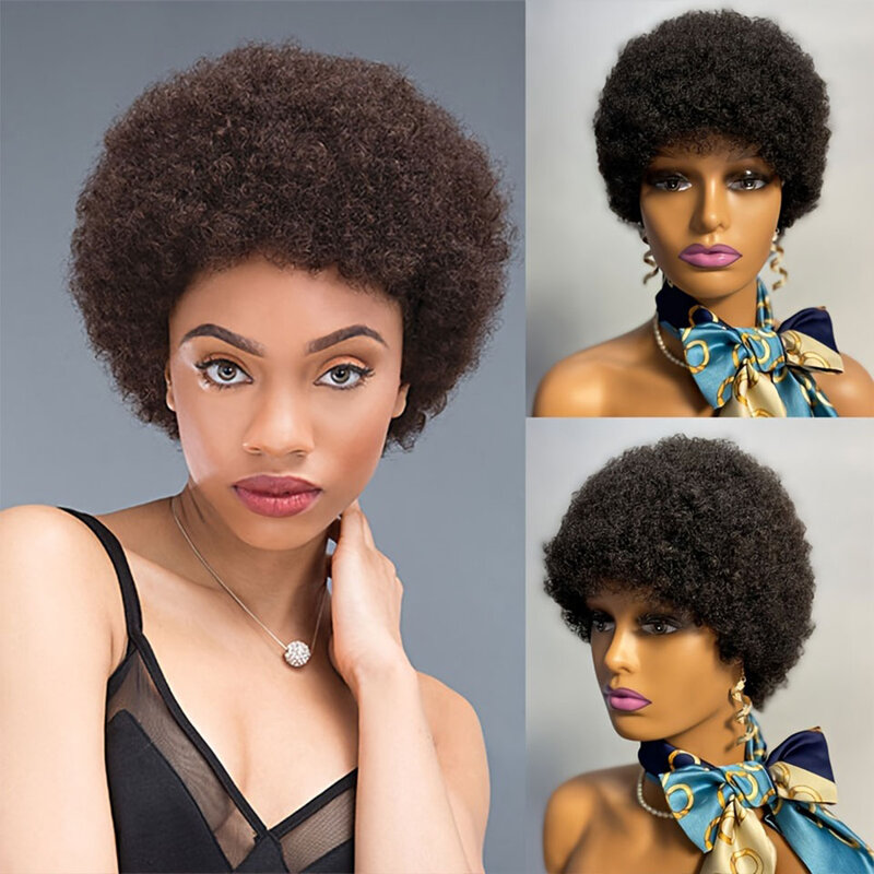 Glueless Short Human Hair Wigs For Women Brazilian Afro Kinky Curly Wig Wear & Go 6inch Bob Wigs Remy Hair Machine Wigs