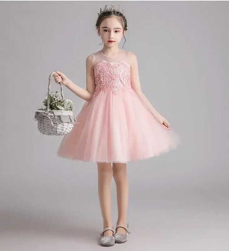 Gaun anak perempuan, baju putri anak perempuan bunga lembut jala, baju pentas Festival 2024 musim panas