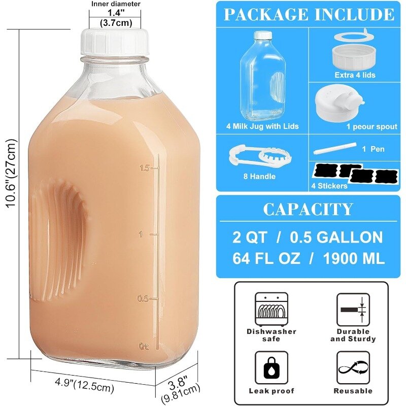 4-Pack gelas susu pengukur 2 Quart, gelas kendi susu dengan cerat tuang dan menyegel, tutup putar yang dapat digunakan kembali-64 oz, 1/2