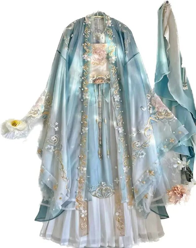 Robe Hanfu Brodée Traditionnelle Alberoise des Prairies pour Femme, Costume de Cosplay, Tenue d'Été Bleue