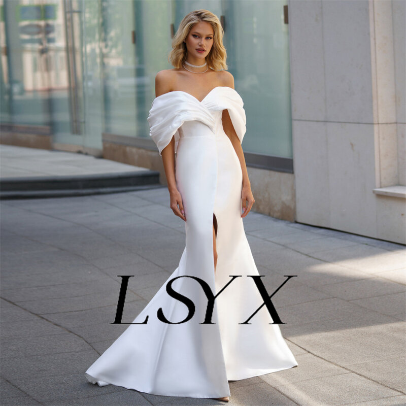 LSYX Off-Shoulder Pleats Simple Mermaid Wedding Dress Zipper Back High Slit  Floor Length Bridal Gown Custom Made