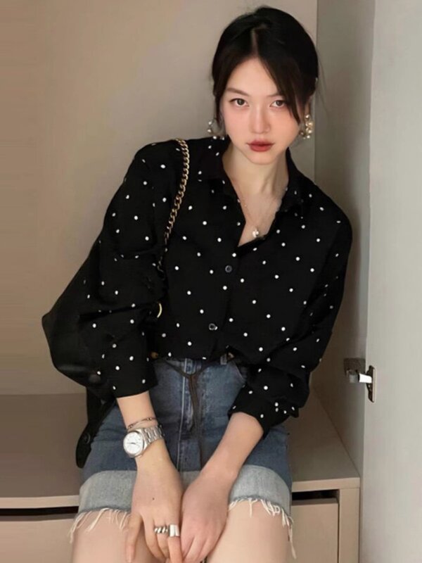 Camisa de manga comprida estilo Hepburn feminina, chique coreano, retrô, contraste, bolinhas, solta, casual, versátil, primavera, 2021